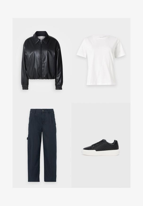 Černá zkrácená bunda z umělé kůže se zipem vpředu, špičatým límcem a elastickými manžetami. Obsahuje minimální branding na hrudi.; Bílý bavlněný tričko s krátkým rukávem, kulatým výstřihem a volnějším střihem. Hladká textura, bez vzorů nebo akcentů, minimalistický design.; Námořnické modré cargo kalhoty vyrobené z prodyšného materiálu, s knoflíkovým zapínáním, bočními kapsami a volným střihem se rovnými nohavicemi.; Černé tenisky s texturovaným prošívaným designem, hladkými koženými akcenty, plochou bílou gumovou podešví a tradičním šněrováním.