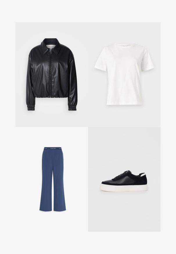 Svart cropped jakke i faux skinn med glidelås foran, spiss krage og elastiske mansjetter. Har minimal merkevareprofil på brystet.; Hvit bomull t-skjorte med korte ermer, rund hals og avslappet passform. Glatt tekstur, ingen mønstre eller detaljer, minimalistisk design.; Marine bredde benbukser laget av mykt stoff med en glatt tekstur. Har elastisk midjebånd med "Calvin Klein"-logo langs toppen.; Svart sneakers med glatt skinn og semsket skinnpaneler, flate snørebånd, rund tå og hvit gummisåle. Distinkt logo på hælen.