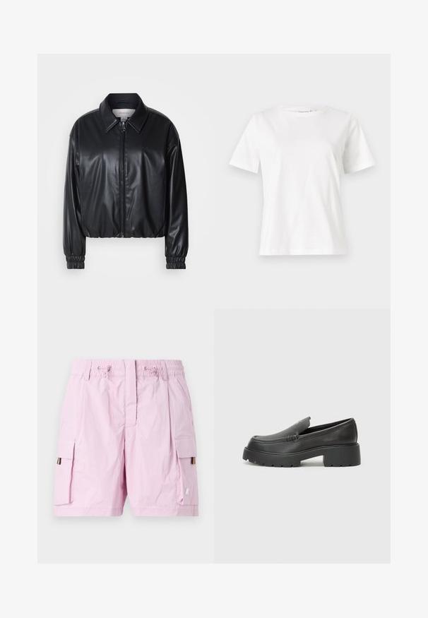 Sort cropped jakke i faux læder med lynlås foran, spidse kraver og elastiske håndled. Minimal brandings på brystet.; Hvid bomulds t-shirt med korte ærmer, rund halsudskæring og en afslappet pasform. Glat tekstur, ingen mønstre eller accenter, minimalistisk design.; Lys pink cargo shorts med elastisk talje, der har to sidelommer og et flerfarvet mærke på venstre side. Glat tekstur.; Sorte læder loafers med rund tå, tyk tekstureret sål og minimale syninger. Elegant design uden synlige snørebånd eller hardware.