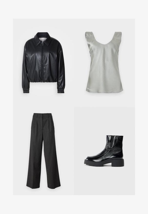Svart kort jacka i konstläder med dragkedja framtill, spetsig krage och elastiska ärmslut. Har minimal branding på bröstet.; Silver satintopp utan ärmar med djup V-ringning och något utsvängd nederkant. Slät textur med minimala sömmar och ren design.; Högmidjade, vida byxor i mörkgrått med tunna vertikala ränder. Har en skräddarsydd look och mjuk textur. Fickdetaljer med veck.; Svarta anklar stövlar med en glänsande lackläderfinish, kraftig svart gummisula och upphöjd klack; inkluderar subtil logotypdetalj på sidan.