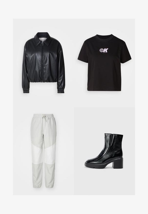 Melna, īsā jaka no mākslīgās ādas ar zipa priekšpusi, norādītām apkaklēm un elastīgām aprocēm. Uz krūtīm ir minimāla zīmola identifikācija.; Melnas kokvilnas t-krekls ar apaļu kakla izgriezumu un īsām piedurknēm. Augšējā kreisajā krūšu daļā ir balts un rozā "CK" logo.; Gai pelēki treniņbikses ar baltām diagonālām panelēm, elastīga josta ar auklu un elastīgi manšetes pie potītēm. Gluda, viegla auduma struktūra.; Melnas lakotas ādas potītes zābaki ar izliekto purngalu, elastīgām sānu paneļiem un masīvu blokveida papēdi. Aizmugurē ir izsistā logo.