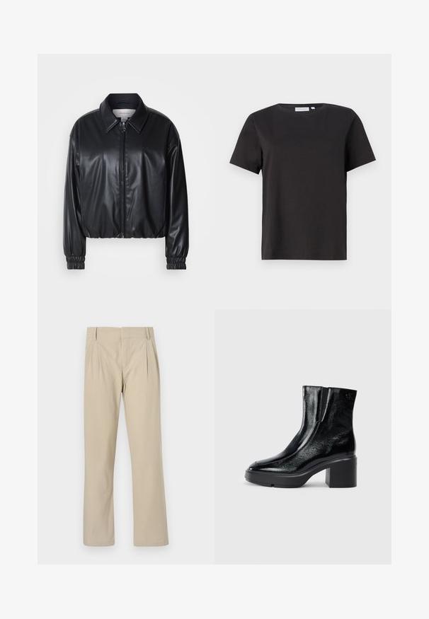 Black cropped jacket in faux leather with a zip front, pointed collar, and elastic cuffs. Features minimal branding on the chest.; Black cotton t-shirt with short sleeves, a crew neckline, and a simple, clean design. No visible patterns or embellishments.; Beige wide-leg trousers made of cotton blend; features pleats at the front, straight cut, and belt loops. Smooth texture, no patterns.; Black patent leather ankle boots with a curved toe, elastic side panels, and a chunky block heel. Features embossed logo on the back.