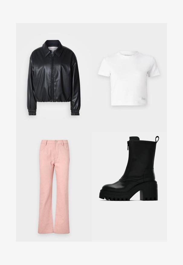 Juodas trumpas švarkas iš dirbtinės odos su užtrauktuku priekyje, smailiu apykaklės dizainu ir elastingomis rankovėmis. Švarke minimalus prekės ženklas ant krūtinės.; Balta trumpa marškinėlių suapvalinta iš lygios medvilnės, su aukštu iškirpimu ir trumpomis rankovėmis. Mažas išsiuvinėtas logotipas apatinėje kampe.; Rožinės denimo platėjančios kelnės, turinčios penkis kišenių, užsegimą su mygtuku ir tekstūruotą audinį su subtiliomis daugiaspalvėmis dėmėmis.; Juodas odinis kulkšninis batas su masyviu pado, blokiniu kulnu, šonine užtrauktuku ir kilpute gale ant paprasto balto fono.