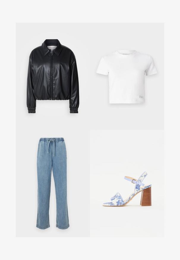 Fekete, rövidített fazonú műbőr dzseki, elöl cipzárral, hegyes gallérral és rugalmas mandzsettákkal. Minimalista logó található a mellkason.; Fehér, rövid szabású, sima pamut póló, magas nyakkivágással és rövid ujjakkal. Kicsi hímzett logó az alsó sarokban.; Világoskék farmernadrág elasztikus derékkal, zsinórral és felgöngyölt szárakkal. Egyenes lábú dizájn, laza illeszkedéssel.; Kék virágmintás szandál négyzetes orral, széles pánttal és állítható bokapánttal, texturált fa sarokkal.