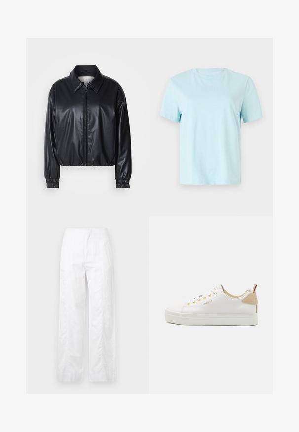 Jacket cropped preto em couro sintético com fecho zip, colarinho pontudo e punhos elásticos. Apresenta uma marcação mínima no peito.; T-shirt de algodão azul claro com mangas curtas, gola redonda e logo 'Calvin Klein' bordado discreto na parte da frente.; Calças brancas de perna larga feitas de um tecido leve, com uma textura suave, linhas limpas e um design de cintura alta.; Ténis brancos em pele com uma sola de borracha texturizada, ilhoses dourados e um detalhe castanho no calcanhar. Logótipo da GANT exibido de lado.