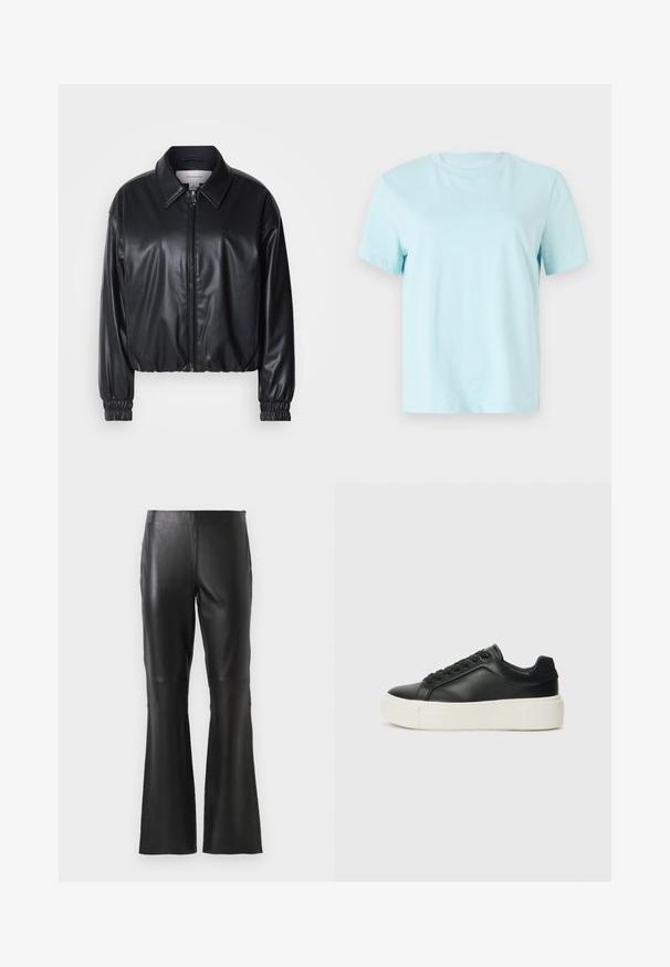 Schwarze, taillierte Jacke aus Kunstleder mit einem Reißverschluss vorn, spitzem Kragen und elastischen Bündchen. Verfügt über eine minimale Markenkennzeichnung auf der Brust.; Hellblaues Baumwoll-T-Shirt mit kurzen Ärmeln, einem Rundhalsausschnitt und dezentem, auf der Vorderseite eingesticktem 'Calvin Klein'-Logo.; Schwarze hochtaillierte Kunstlederhosen mit ausgestellten Beinen und frontalen Nahtdetails, vor einem schlichten weißen Hintergrund präsentiert.; Schwarze Leder-Sneaker mit abgerundeter Zehenpartie, weißer Plattformsohle und schwarzen Schnürsenkeln. Verfügt über ein dezentes Logo an der Ferse und eine glatte Textur.