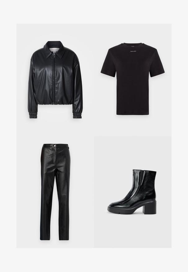 Črna krajša jakna iz umetnega usnja z zadrgo spredaj, koničastim ovratnikom in elastičnimi manšeti. Ima minimalno blagovno oznako na prsih.; Črna bombažna majica s kratkimi rokavi, okroglim izrezom in majhnim belim logotipom "Calvin Klein" na prsih. Gladka tekstura, klasičen kroj.; Črne hlače iz umetnega usnja s krokodiljim vzorcem, ozek kroj, ravna noga, z gumbnim zapiranjem na sprednji strani in standardnim pasom.; Črne lakirane gležnjarje z ukrivljenim nosom, elastičnimi stranskimi paneli in debelim blokastim peto. Imajo vtisnjen logotip na zadnjem delu.