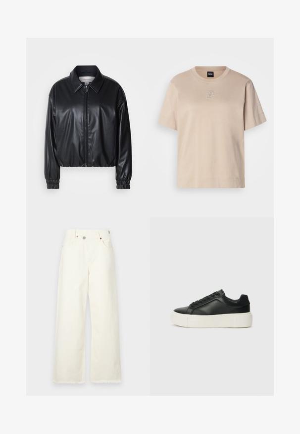 Melna, īsā jaka no mākslīgās ādas ar zipa priekšpusi, norādītām apkaklēm un elastīgām aprocēm. Uz krūtīm ir minimāla zīmola identifikācija.; Beigā krāsa īsām piedurknēm kokvilnas T-kreklam ar apaļu kakla izgriezumu un nelielu izšūtu pārklājošu "B" logotipu centrā uz priekšu.; Plaša kāja, krēmkrāsas džinsi, izgatavoti no denima, ar augstu jostasvietu, piecām kabatām un neapstrādātu apakšmalu relaksētai piegulšanai.; Melnas ādas kedas ar noapaļotu pirkstu, baltu platformas zoli un melnām auklām. Iespējams, satur diskrētu logo uz papēža un gludu tekstūru.