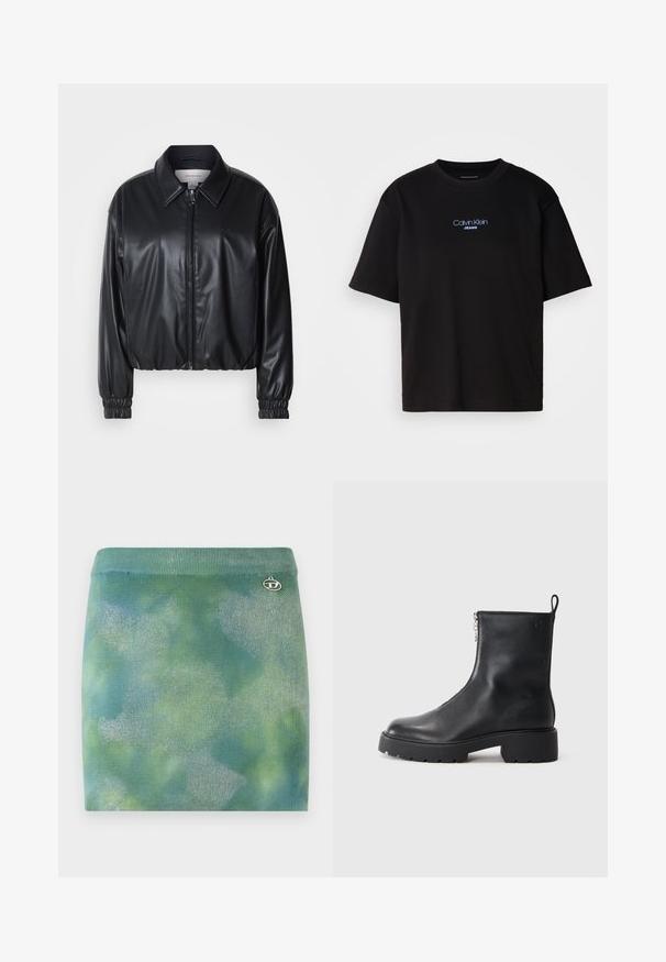 Črna krajša jakna iz umetnega usnja z zadrgo spredaj, koničastim ovratnikom in elastičnimi manšeti. Ima minimalno blagovno oznako na prsih.; Črna bombažna majica s krožnim izrezom, kratkimi rokavi in modrim vezenim logotipom "Calvin Klein JEANS" na sprednji strani.; Trikotirana mini krila v gradientu akvamarinovih in zelenih odtenkov, ki ima subtilen sijaj in izvezen logotip na pasu.; Črne usnjene gležnjarje s stranskim zadrgo, zaobljenim napisom in masivnim, teksturiranim podplatom. Diskretno blagovno znamko na strani.