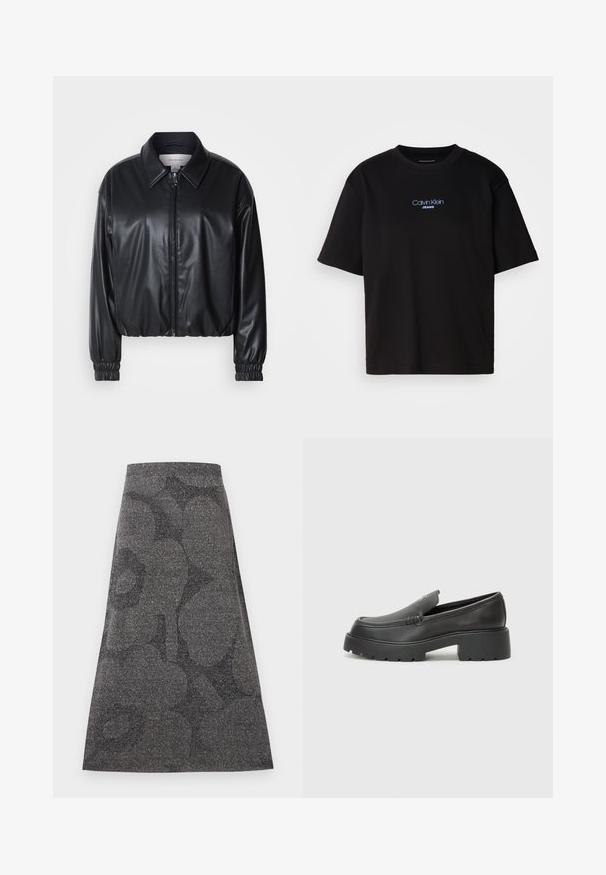 Svart cropped jakke i faux skinn med glidelås foran, spiss krage og elastiske mansjetter. Har minimal merkevareprofil på brystet.; Sort bomull t-skjorte med rund hals, korte ermer, og blå brodert "Calvin Klein JEANS" logo på forsiden.; Grå, knelange skjørt med teksturert, glitrende finish. Har et subtilt mørkt mønster. A-linje design med en tettsittende midje.; Sorte skinnloafers med rund tå, tykk teksturert såle og minimale sømdetaljer. Strømlinjeformet design uten synlige snørebånd eller hardvarer.