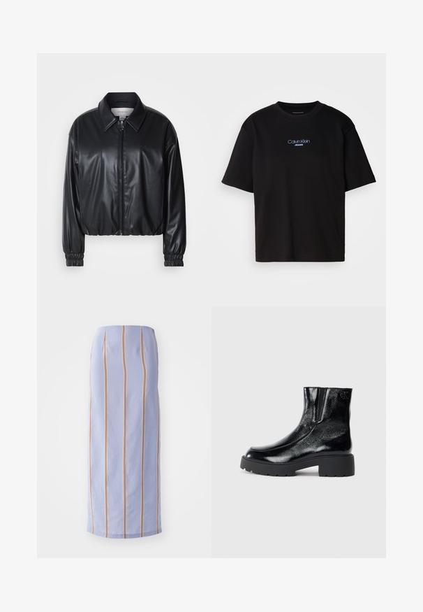 Jacket cropped preto em couro sintético com fecho zip, colarinho pontudo e punhos elásticos. Apresenta uma marcação mínima no peito.; T-shirt preta de algodão com gola redonda, mangas curtas e logo bordado azul "Calvin Klein JEANS" na parte da frente.; Saia midi de um roxo claro com riscas verticais em laranja e branco. Textura suave com um ajuste estruturado e uma bainha reta.; Botas de tornozelo pretas com acabamento em pele envernizada brilhante, sola de borracha preta robusta e salto elevado; inclui um detalhe discreto do logótipo na lateral.