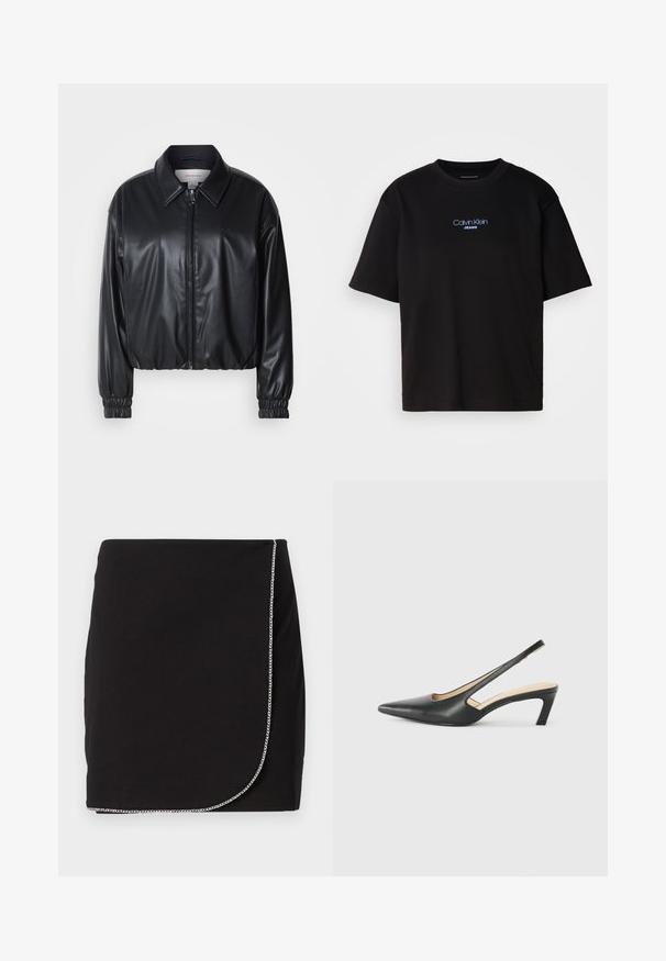 Svart cropped jakke i faux skinn med glidelås foran, spiss krage og elastiske mansjetter. Har minimal merkevareprofil på brystet.; Sort bomull t-skjorte med rund hals, korte ermer, og blå brodert "Calvin Klein JEANS" logo på forsiden.; Svart miniskjørt laget av glatt stoff, med kjedeaksent langs kanten, tilknytt med omslagdesign og rene linjer.; Svart spiss tå slingback-sko med lav hæl, laget av jevnt skinnmateriale og med utskåret design på siden for pusteevne.