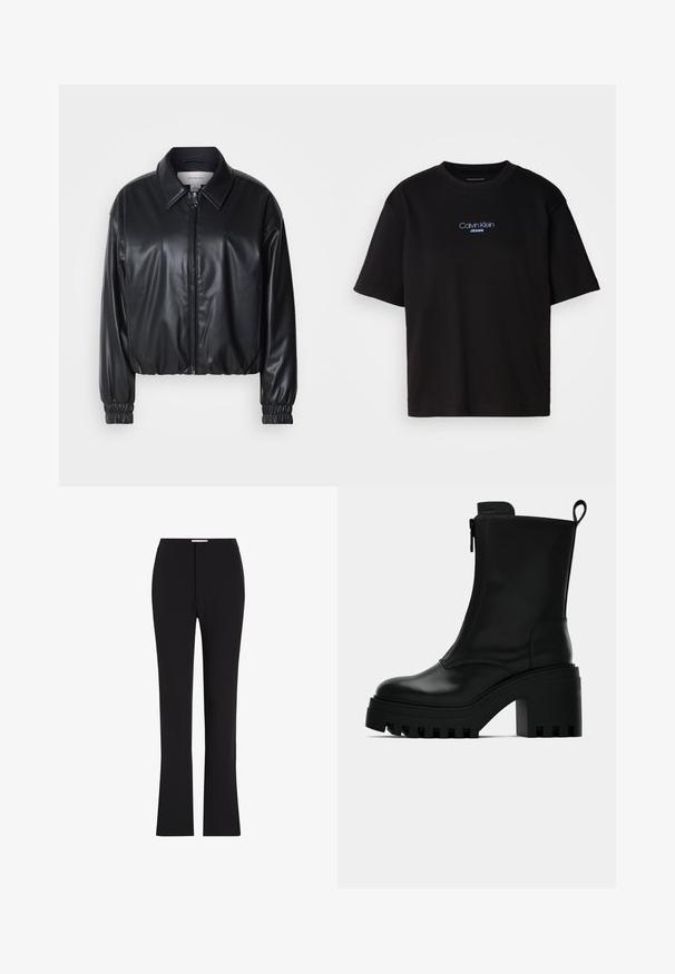 Čierna skrátená bunda z umielej kože s predným zipsom, špicatým golierom a elastickými manžetami. Obsahuje minimálne logo na hrudi.; Čierne bavlnené tričko s okrúhlym výstrihom, krátkymi rukávmi a modrým vyšívaným logom "Calvin Klein JEANS" na prednej strane.; Čierne, priliehavé nohavice so zvonovým strihom; vyrobené z hladkej látky; majú predné vrecká; minimalistický dizajn bez viditeľných vzorov.; Čierne kožené členkové čižmy s robustnou podrážkou, blokovým podpätkom, bočným zipsom a pútkom na zadnej strane na jednoduchom bielom pozadí.