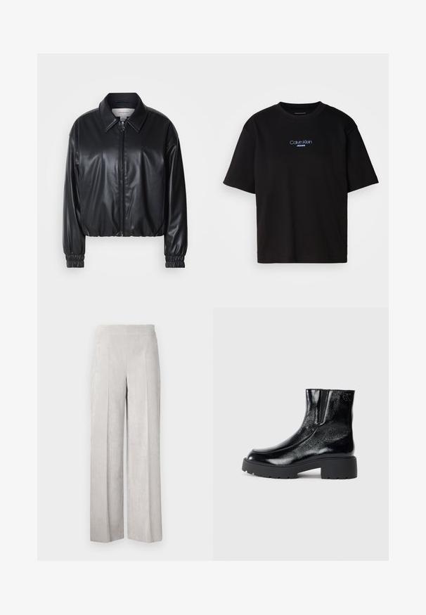 Veste noire courte en simili cuir avec fermeture éclair à l'avant, col pointu et poignets élastiques. Présente un marquage minimal sur la poitrine.; T-shirt en coton noir avec un col rond, des manches courtes et un logo brodé bleu "Calvin Klein JEANS" sur le devant.; Pantalons larges en velours côtelé gris clair avec une texture lisse, présentant un ribbing vertical et une taille haute pour un ajustement décontracté.; Bottines noires avec une finition en cuir verni brillant, semelle en caoutchouc noir épaisse et talon surélevé ; inclut un détail de logo subtil sur le côté.