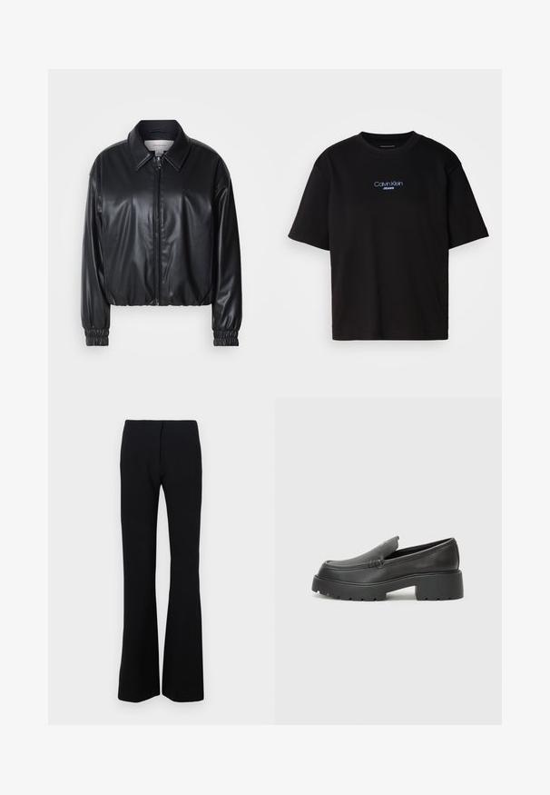 Veste noire courte en simili cuir avec fermeture éclair à l'avant, col pointu et poignets élastiques. Présente un marquage minimal sur la poitrine.; T-shirt en coton noir avec un col rond, des manches courtes et un logo brodé bleu "Calvin Klein JEANS" sur le devant.; Pantalons noirs évasés en tissu extensible avec une texture lisse et une taille ajustée. Aucune fermeture visible ni motifs.; Mocassins en cuir noir avec un bout arrondi, une semelle épaisse et texturée, et des détails de couture minimalistes. Design épuré sans lacets ni métal visibles.
