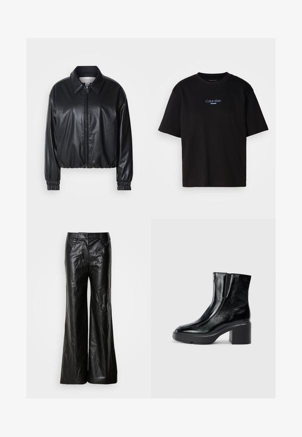 Svart kort jacka i konstläder med dragkedja framtill, spetsig krage och elastiska ärmslut. Har minimal branding på bröstet.; Svart bomulls T-shirt med rund nacke, korta ärmar och blå broderad "Calvin Klein JEANS" logotyp på framsidan.; Svarta läderbyxor med vida ben och en slät yta, som har en klassisk midja och sidofickor. Designen är odekorerad och strömlinjeformad.; Svarta lacklädersankelstövlar med rundad tå, elastiska sidopaneler och en chunky klack. Har en präglad logotyp på baksidan.