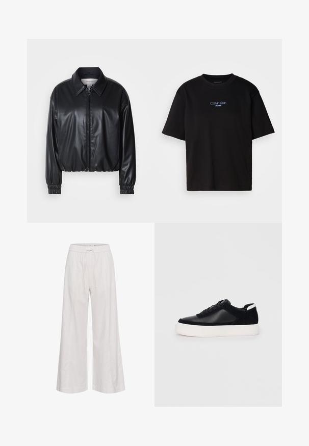 Chaqueta negra corta de piel sintética con cremallera frontal, cuello puntiagudo y puños elásticos. Presenta un branding mínimo en el pecho.; Camiseta de algodón negra con cuello redondo, manga corta y el logotipo azul bordado de "Calvin Klein JEANS" en el frente.; Pantalones de pierna ancha en suave tela blanca, con una cintura elástica y cordón, textura lisa y sin adornos adicionales.; Zapatilla negra con paneles de cuero liso y de ante, cordones planos, punta redondeada y una suela de goma blanca. Logotipo distintivo en el talón.