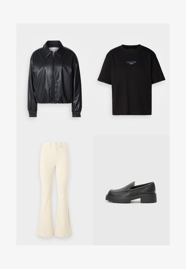 Černá zkrácená bunda z umělé kůže se zipem vpředu, špičatým límcem a elastickými manžetami. Obsahuje minimální branding na hrudi.; Černé bavlněné tričko s kulatým výstřihem a krátkými rukávy, s modrou vyšitou nášivkou "Calvin Klein JEANS" na přední straně.; Krémové zvonové džíny vyrobené z bavlny, s vysokým pasem, zapínáním na knoflík a čistými liniemi bez viditelných vzorů nebo akcentů.; Černé kožené mokasíny s okrouhlou špičkou, silnou strukturovanou podrážkou a minimálními detaily šití. Elegantní design bez viditelných tkaniček nebo kovových prvků.