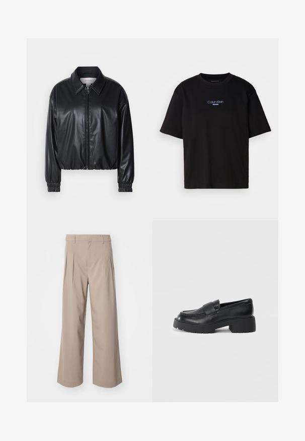 Melna, īsā jaka no mākslīgās ādas ar zipa priekšpusi, norādītām apkaklēm un elastīgām aprocēm. Uz krūtīm ir minimāla zīmola identifikācija.; Melna kokvilnas T-kreklu ar apaļu kaklu, īsām piedurknēm un zilu izšūtu "Calvin Klein JEANS" logo priekšpusē.; Bežīgas platās bikses ar krokām, izgatavotas no gludas auduma. Ar vidēju vidukli un tīru, pielāgotu siluetu.; Melnas ādas loaferi ar teksturētu virsmu, kuru priekšā ir taisnstūrveida siksna un masīvs, rugājiem līdzīgs zole dizains.