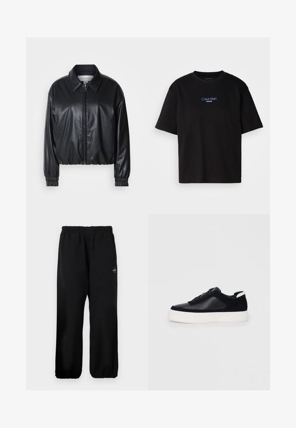Jacket cropped preto em couro sintético com fecho zip, colarinho pontudo e punhos elásticos. Apresenta uma marcação mínima no peito.; T-shirt preta de algodão com gola redonda, mangas curtas e logo bordado azul "Calvin Klein JEANS" na parte da frente.; Calças de fato de treino pretas com cintura elástica, pernas largas e um pequeno detalhe de logótipo no lado esquerdo. Textura de tecido suave.; Sapatilha preta com painéis de pele lisa e camurça, atacadores planos, bico arredondado e sola de borracha branca. Logótipo distinto no calcanhar.