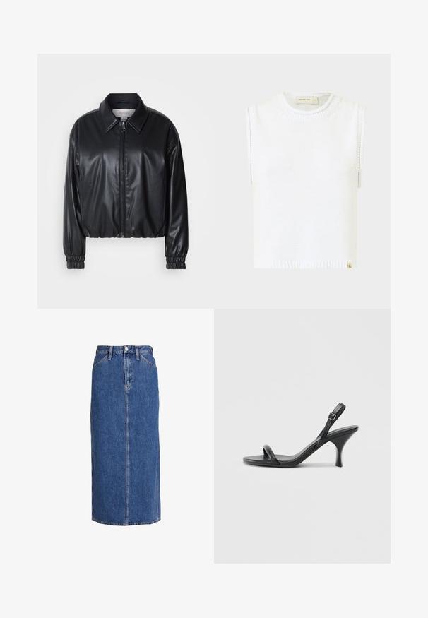 Čierna skrátená bunda z umielej kože s predným zipsom, špicatým golierom a elastickými manžetami. Obsahuje minimálne logo na hrudi.; Biely bezrúchový pletený top s okrúhlym výstrihom, rebrovaným lemom a bočnými švami; má malú označkovanú etiketu na spodnej časti.; Džínová midi sukňa v stredne modrej farbe so strihaním do priamky, predným zapínaním na gombíky, dvoma bočnými vreckami a viditeľným šitím pre textúru.; Čierne kožené sandále na vysokom podpätku s štíhlym, zakriveným podpätkom a prekríženým pásikovým dizajnom. Nastaviteľný pásik okolo členka. Hladká textúra.