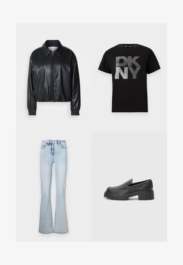 Zwarte cropped jacket van faux leer met een ritssluiting aan de voorkant, puntige kraag en elastische manchetten. Bevat minimale branding op de borst.; Zwarte katoenen t-shirt met grote zilveren glitters met de tekst "DK NY" op de voorkant. Klassieke ronde hals en korte mouwen. Soepele textuur.; Lichtblauwe flared jeans van denim, met een hoge taille, vijf zakken en een subtiele vervaging langs de voor- en achterkant.; Zwarte leren instappers met een ronde neus, dikke getextureerde zool en minimale stikseldetails. Strak ontwerp zonder zichtbare veters of hardware.