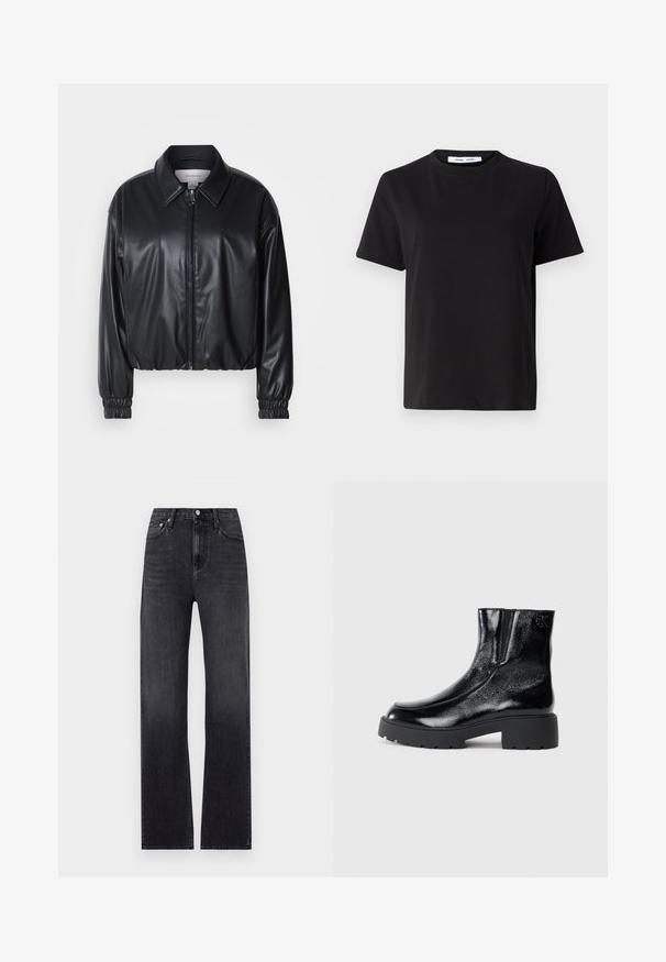 Juodas trumpas švarkas iš dirbtinės odos su užtrauktuku priekyje, smailiu apykaklės dizainu ir elastingomis rankovėmis. Švarke minimalus prekės ženklas ant krūtinės.; Juodas trumpas rankovės marškinėliai, pagaminti iš minkštos medvilnės, su apvaliu iškirpimu, laisvu pritaikymu ir lygiu paviršiumi. Nėra matomų raštų ar grafikos.; Juodos tiesios kojų džinsai, pagaminti iš džinsinio audinio, su aukštu liemeniu, penkiomis kišenėmis ir užtrauktuku su mygtuku. Šiek tiek išblukusi megztinė.; Juodi kulkšniniai batai su blizgia lakuota oda, storu juodu guminio pado ir pakeltu kulnu; šone yra subtilus logotipo detalė.
