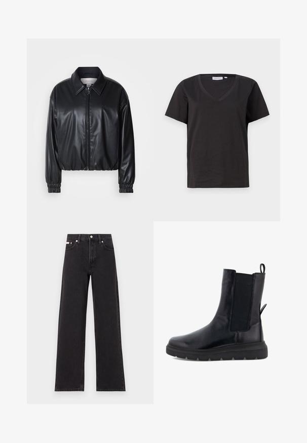 Black cropped jacket in faux leather with a zip front, pointed collar, and elastic cuffs. Features minimal branding on the chest.; Black cotton T-shirt with a V-neck and short sleeves. Simple design with a regular fit and no patterns or accents.; Black wide-leg jeans made of denim, featuring a high-rise waist, five-pocket styling, and a metal button closure with contrasting stitching.; Black ankle boot made of smooth leather with elastic side panels, a pull tab at the back, and a thick rubber sole.