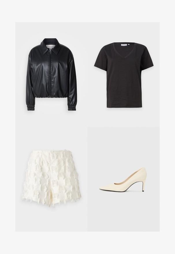 Sort cropped jakke i faux læder med lynlås foran, spidse kraver og elastiske håndled. Minimal brandings på brystet.; Sort bomulds T-shirt med V-hals og korte ærmer. Enkel design med regular fit og ingen mønstre eller accenter.; Hvide shorts med en tekstureret stof, franskede detaljer og et indviklet rutenetmønster. Designet er højtaljet med en flosset finish.; Hvide læder højhælede pumps med spids tå, glat tekstur og sort sålespids. Klassisk design med en moderat hælhøjde.