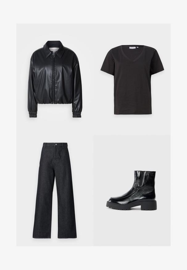 Musta lyhyt nahkatakki, jossa on vetoketjukiinnitys, terävä kaulus ja joustavat hihansuut. Rinnassa on minimaalinen brändäys.; Musta puuvillainen T-paita, jossa on V-kaula-aukko ja lyhyet hihat. Yksinkertainen muotoilu, säännöllinen istuvuus ilman kuvioita tai koristeita.; Tummansinisiä farkkuja leveillä lahkeilla. Ominaisuuksiin kuuluu korkea vyötärö, vetoketjukiinnitys napilla sekä sileä pinta, jossa on vähäisiä ompelusaumadetaileja.; Mustat nilkkurit, joissa on kiiltävä patenttinahkafarba, paksu musta kumipohja ja korkeampi korko; sisältää hienovaraisen logon yksityiskohdan sivussa.