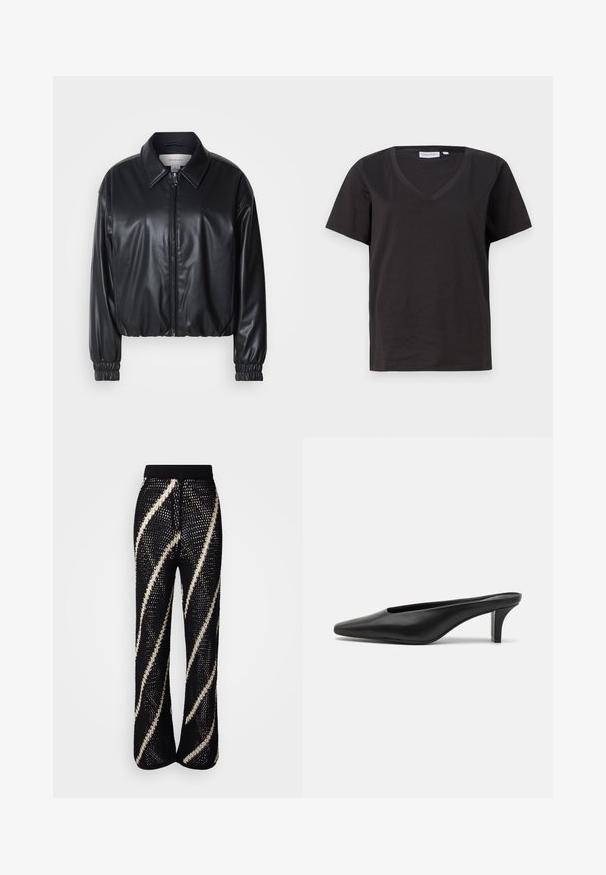 Melna, īsā jaka no mākslīgās ādas ar zipa priekšpusi, norādītām apkaklēm un elastīgām aprocēm. Uz krūtīm ir minimāla zīmola identifikācija.; Melnas kokvilnas T-krekls ar V veida kakla izgriezumu un īsām piedurknēm. Vienkāršs dizains ar regulāru piegriezumu un bez rakstiem vai akcentiem.; Adīti melni bikses ar plašu kāju dizainu, kurām ir uzdruka ar boldi, diagonāliem baltiem svītrām. Elastīga jostasvieta un teksturēta auduma.; Melnas ādas smailes čības ar zemu stiletto papēdi. Gluda tekstūra, minimālistisks dizains un atvērta aizmugure vieglai uzvilkšanai.