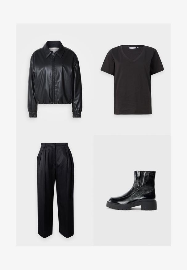 Musta lyhyt nahkatakki, jossa on vetoketjukiinnitys, terävä kaulus ja joustavat hihansuut. Rinnassa on minimaalinen brändäys.; Musta puuvillainen T-paita, jossa on V-kaula-aukko ja lyhyet hihat. Yksinkertainen muotoilu, säännöllinen istuvuus ilman kuvioita tai koristeita.; Mustat, korkeavyötäröiset housut, jotka on valmistettu sileästä kankaasta. Niissä on puristetut poimut, leveät lahkeet ja suora leikkaus, jossa on hieman kapeampi helma.; Mustat nilkkurit, joissa on kiiltävä patenttinahkafarba, paksu musta kumipohja ja korkeampi korko; sisältää hienovaraisen logon yksityiskohdan sivussa.