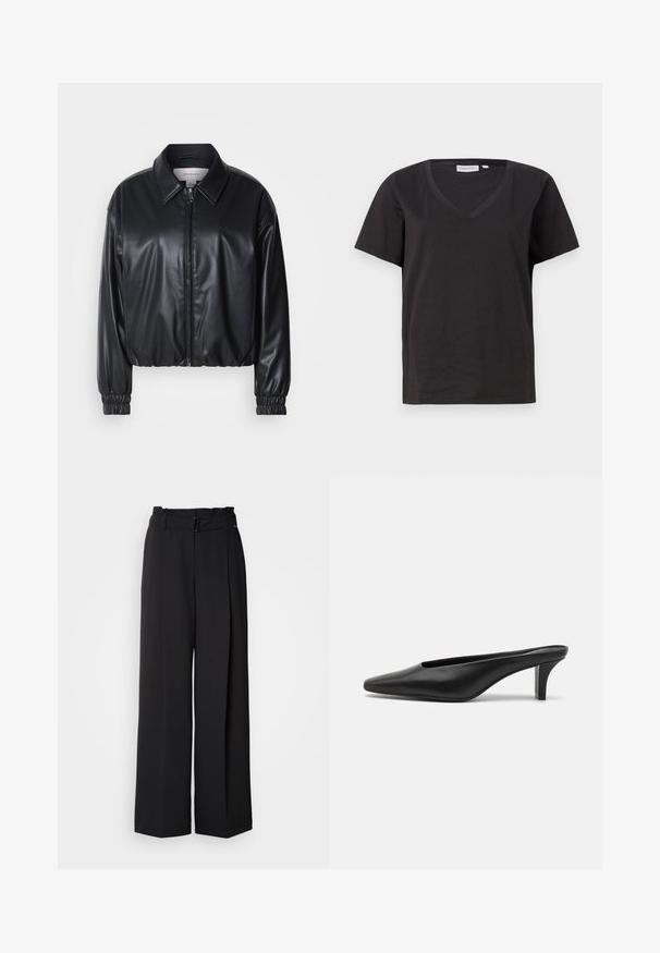 Sort cropped jakke i faux læder med lynlås foran, spidse kraver og elastiske håndled. Minimal brandings på brystet.; Sort bomulds T-shirt med V-hals og korte ærmer. Enkel design med regular fit og ingen mønstre eller accenter.; Sorte brede bukser med høj talje, der har et bælte med spænde og to frontfolder for ekstra struktur. Glat tekstur.; Sorte læder mules med spids tå og lav stiletto hæl. Glat tekstur, minimalistisk design og åben bagdel for nem påtagning.