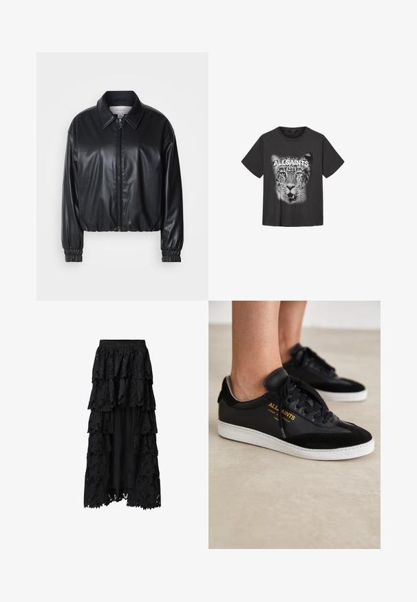 Must have musternahk, mis on valmistatud kunstnahast, lukuga esifaas, terava krae ja elastsete mansettidega. Rinnas minimaalne brändingu element.; Mustast puuvillast T-särk, mille eesosas on suur, detailne tiigri graafika ja valgete paksude tähtedega tekst "ALLSAINTS".; Must mustriline kihtidega must seeliku, mis on valmistatud pitsist ja kangast, sisaldab mitmeid volange, keerukaid lillemustreid ja vooderdatud sisekihti katvuseks.; Mustast nahk- ja sametist tennisetjalad valgete kummitaldadega. Omab tooni toniseerivaid lipsusid ja kuldset logo detaili külje peal. Lame disain.