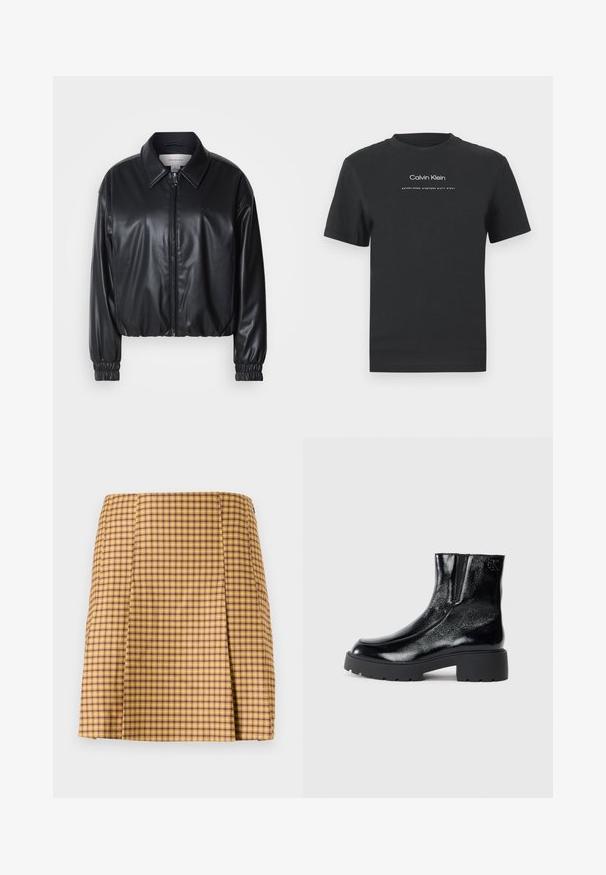 Must have musternahk, mis on valmistatud kunstnahast, lukuga esifaas, terava krae ja elastsete mansettidega. Rinnas minimaalne brändingu element.; Must musta T-särk, millel on ümmargune kaelus, lühikesed varrukad ja valge trükitud "Calvin Klein" logo ning tekst "Asutatud 1968".; Kollane ja lillakas ruuduline seelik sirge lõikega, millel on esiosas peen palak ja sile kangas.; Mustad mustad tossud läikiva patendi nahaga viimistlusega, jäme musta kummist tald ja kõrgendatud konts; sisaldab külgedel peent logodegust.