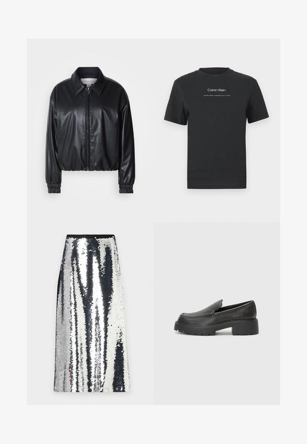 Czarna krótka kurtka z ekoskóry z zamkiem z przodu, spiczastym kołnierzem i elastycznymi mankietami. Posiada minimalistyczne logo na klatce piersiowej.; Czarny bawełniany T-shirt z okrągłym dekoltem, krótkimi rękawami i białym nadrukiem logo "Calvin Klein" oraz tekstem "Established 1968".; Srebrna maxi spódnica z cekinami o prostym kroju, z czarnym pasem w talii i naprzemiennym wzorem pionowych pasków błyszczących cekinów.; Czarne skórzane mokasyny z zaokrąglonym noskiem, grubą fakturowaną podeszwą oraz minimalnymi detalami szycia. Elegancki design bez widocznych sznurowadeł czy elementów metalowych.
