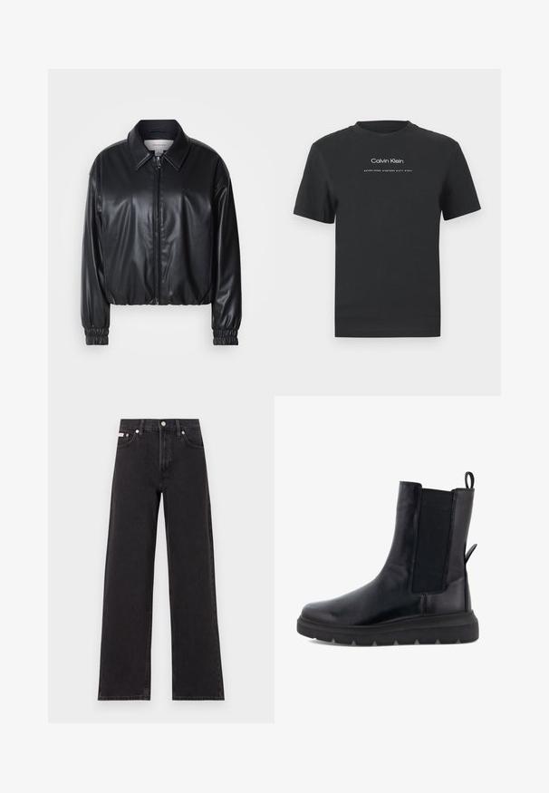 Black cropped jacket in faux leather with a zip front, pointed collar, and elastic cuffs. Features minimal branding on the chest.; Black cotton T-shirt with a crew neckline, short sleeves, and white printed "Calvin Klein" logo and "Established 1968" text.; Black wide-leg jeans made of denim, featuring a high-rise waist, five-pocket styling, and a metal button closure with contrasting stitching.; Black ankle boot made of smooth leather with elastic side panels, a pull tab at the back, and a thick rubber sole.