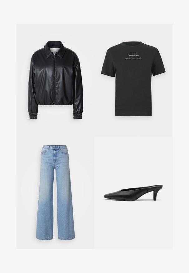 Czarna krótka kurtka z ekoskóry z zamkiem z przodu, spiczastym kołnierzem i elastycznymi mankietami. Posiada minimalistyczne logo na klatce piersiowej.; Czarny bawełniany T-shirt z okrągłym dekoltem, krótkimi rękawami i białym nadrukiem logo "Calvin Klein" oraz tekstem "Established 1968".; Diesel 1978 D-AKEMI niebieski denim; Czarne skórzane mule z ostrym noskiem i niskim obcasem w szpilkach. Gładka tekstura, minimalistyczny design i otwarty tył dla łatwego zakładania.