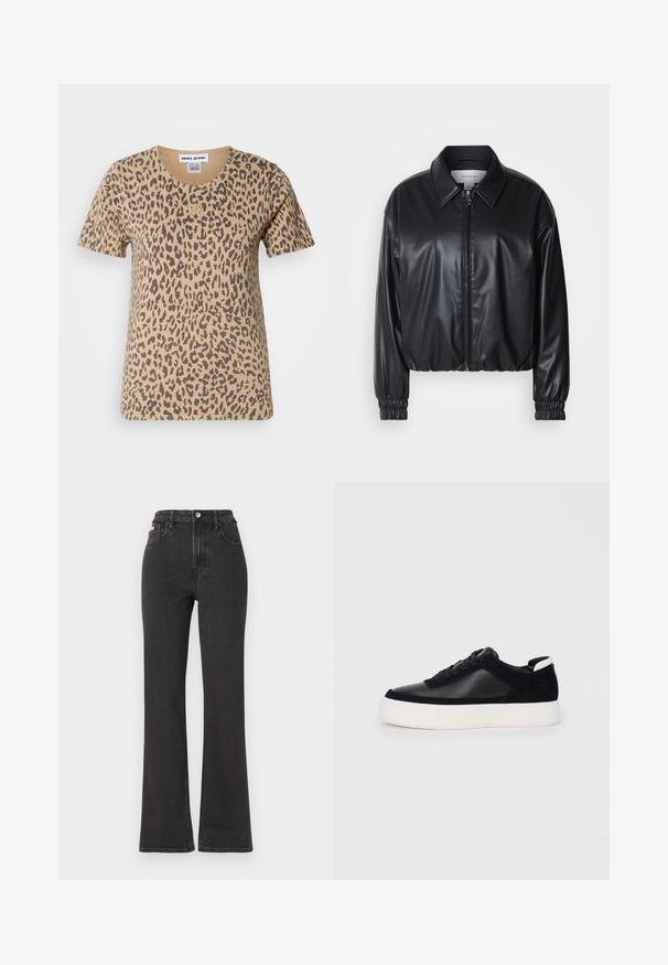 Jacket cropped preto em couro sintético com fecho zip, colarinho pontudo e punhos elásticos. Apresenta uma marcação mínima no peito.; T-shirt bege de mangas curtas com um design de estampa de leopardo, apresentando um decote redondo e um pequeno logótipo dourado em destaque na frente.; Jeans flared pretos de cintura alta feitos de denim, com fecho de botão, passadores para cinto e bolsos laterais. Textura suave com desbotamento mínimo.; Sapatilha preta com painéis de pele lisa e camurça, atacadores planos, bico arredondado e sola de borracha branca. Logótipo distinto no calcanhar.