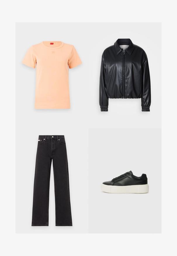 Must have musternahk, mis on valmistatud kunstnahast, lukuga esifaas, terava krae ja elastsete mansettidega. Rinnas minimaalne brändingu element.; Peedi värvi lühikeste varrukatega T-särk, mis on valmistatud pehmest puuvillast, ümmarguse kaelusega ja esiküljel Relief-logo. Sile tekstuur, minimaalne disain.; Mustad laiad mustad teksad, millel on kõrge vöökoht, viie tasku stiil ja metallist nööpkinnitus kontrastsete õmblustega.; Must musta sneaker ümarate varvastega, valge platvormi tallaga ja mustade paeltega. Omab diskreetset logo kandadel ja sileda tekstuuriga.