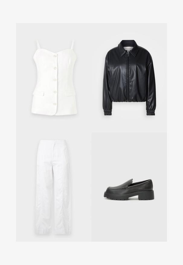 Jacket cropped preto em couro sintético com fecho zip, colarinho pontudo e punhos elásticos. Apresenta uma marcação mínima no peito.; Colete branco ajustado com alças finas ajustáveis, apresentando um decote em formato de coração, seis botões e dois bolsos frontais. Textura suave.; Calças brancas de perna larga feitas de um tecido leve, com uma textura suave, linhas limpas e um design de cintura alta.; Mocassins de couro preto com bico arredondado, sola espessa e texturizada, e detalhes de costura minimalistas. Design elegante sem atacadores ou ferragens visíveis.