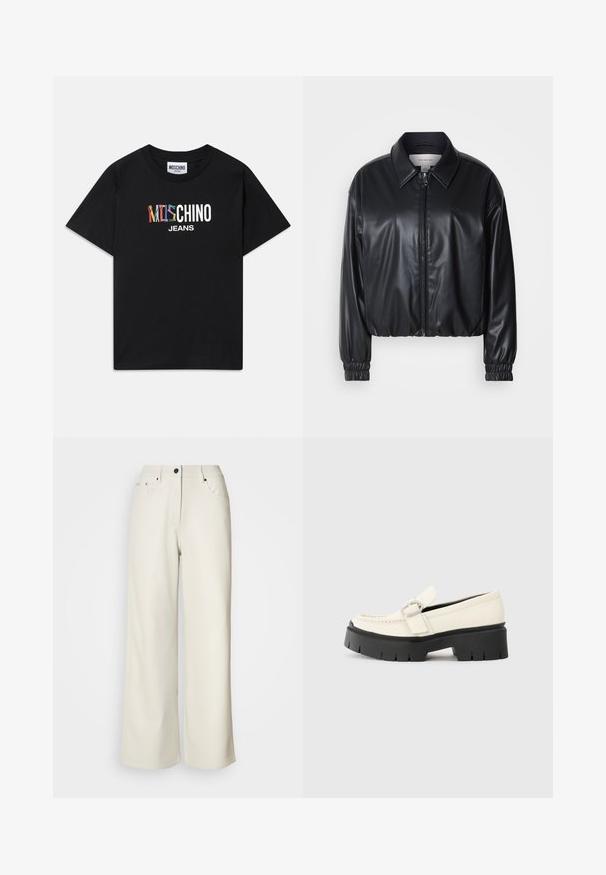 Svart kort jacka i konstläder med dragkedja framtill, spetsig krage och elastiska ärmslut. Har minimal branding på bröstet.; Svart bomull t-shirt med korta ärmar som har en flerfärgad "Moschino Jeans" logotryck över bröstet. Regular fit, rundad halsdesign.; Krämfärgade vida byxor i slätt tyg. Har en mid-rise midja, dragkedja fram och två framfickor med svarta detaljer.; Vit läder loafför med en kraftig svart platåsoffa, som har ett rektangulärt silverspänne och synlig sömdekoration på ovansidan.