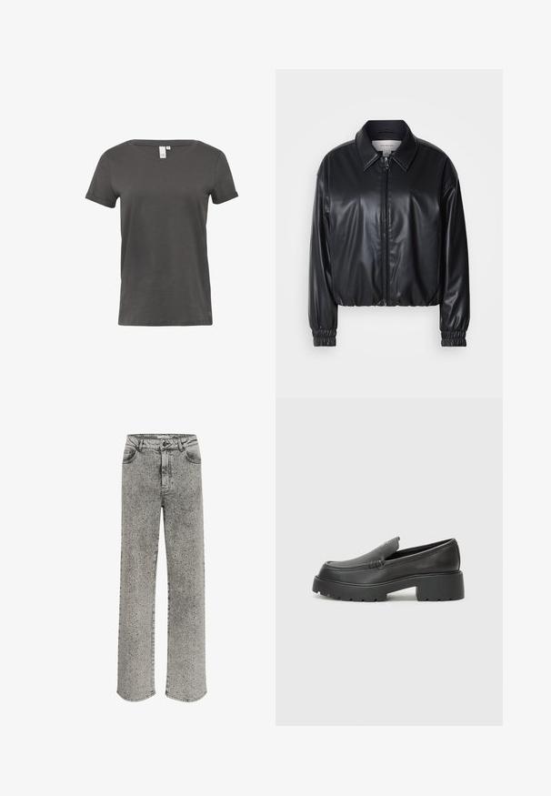 Zwarte cropped jacket van faux leer met een ritssluiting aan de voorkant, puntige kraag en elastische manchetten. Bevat minimale branding op de borst.; Grijze korte mouwen t-shirt van zacht katoen. Heeft een ronde halslijn en omgeslagen mouwen, met een klein logo nabij de zoom.; Grijze denimmjeans met een rechte pasvorm, versierd met zilveren studs. Voorzien van een klassieke vijf-pocket stijl en knoopsluiting.; Zwarte leren instappers met een ronde neus, dikke getextureerde zool en minimale stikseldetails. Strak ontwerp zonder zichtbare veters of hardware.