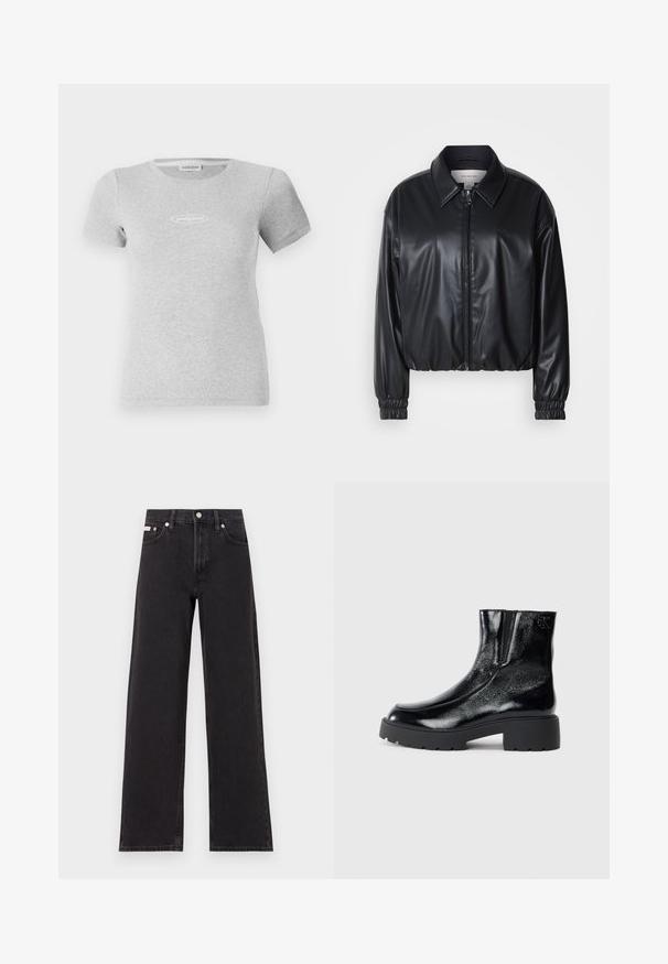 Sort cropped jakke i faux læder med lynlås foran, spidse kraver og elastiske håndled. Minimal brandings på brystet.; Grå kortærmet T-shirt lavet af ribbet stof, med en tætsiddende design og et lille hvidt logo på brystet.; Sorte vidde jeans lavet af denim, med høj talje, fem-lomme stil og en metalknap lukning med kontrasterende syninger.; Sorte ankelstøvler med en blank patentlæderfinish, chunky sort gummisål og hævet hæl; inkluderer subtilt logodetalje på siden.
