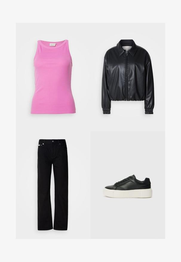 Must have musternahk, mis on valmistatud kunstnahast, lukuga esifaas, terava krae ja elastsete mansettidega. Rinnas minimaalne brändingu element.; Gestuz DREW - Topp - super pink; Mustad teksased sirge jala ja viie taskuga, hõbedaste neetide ja nupu sulgemisega. Kanga pind on sile, kerge tekstuuriga.; Must musta sneaker ümarate varvastega, valge platvormi tallaga ja mustade paeltega. Omab diskreetset logo kandadel ja sileda tekstuuriga.