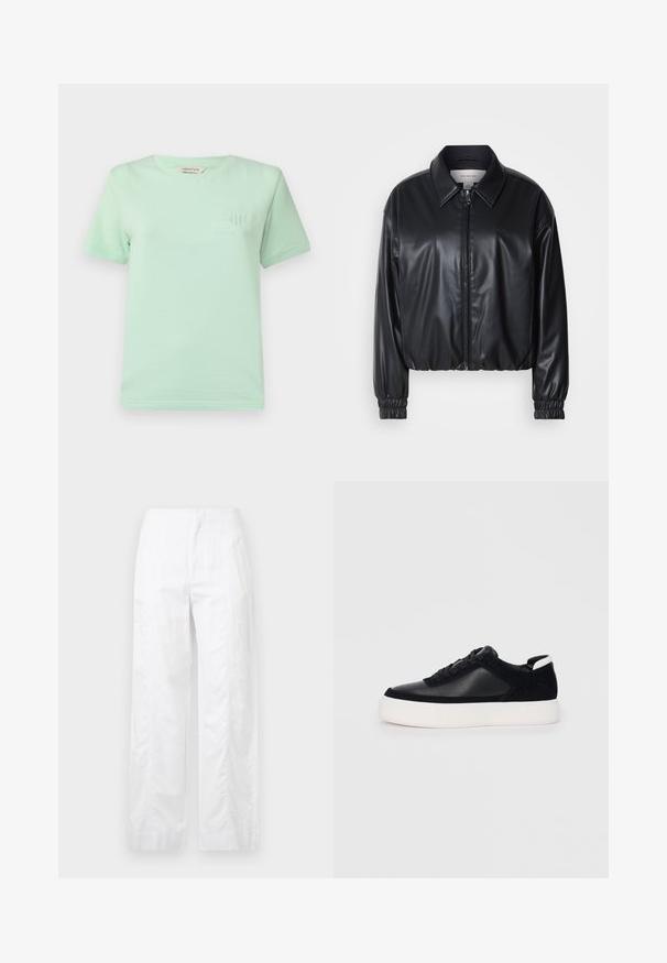 Fekete, rövidített fazonú műbőr dzseki, elöl cipzárral, hegyes gallérral és rugalmas mandzsettákkal. Minimalista logó található a mellkason.; Mentazöld, rövid ujjú pamut póló. Kerek nyakkal és diszkrét hímzett logóval a mellkason. Sima tapintású.; Fehér, széles szárú nadrág könnyű anyagból, sima textúrával, letisztult vonalakkal és magasderék kialakítással.; Fekete sportcipő sima bőrből és velúr panelekkel, lapos fűzőkkel, kerek orral és fehér gumi talppal. Megkülönböztető logó a sarkán.