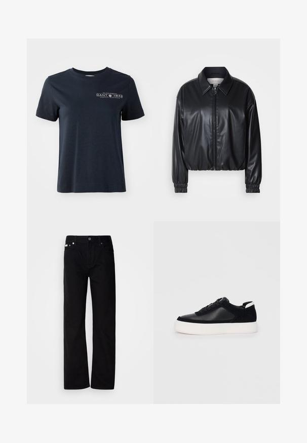 Crna skraćena jakna od umjetne kože s prednjim patentnim zatvaračem, oštrim ovratnikom i elastičnim manžetama. Ima minimalno brendiranje na prsima.; Tamno plava pamučna majica s kratkim rukavima, okruglim izrezom i prednjim logotipom koji sadrži tekst i dekorativne elemente.; Crne traperice ravnog kroja s pet džepova, srebrnim zakovicama i dugmetom na spratu. Tkanina ima glatku, blago teksturiranu površinu.; Crne tenisice s glatkom kožom i panelima od antilopa, ravne vezice, zaobljenim vrhom i bijelim gumeni potplat. Izraziti logo na peti.
