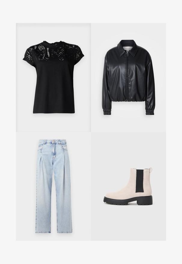 Black cropped jacket in faux leather with a zip front, pointed collar, and elastic cuffs. Features minimal branding on the chest.; AllSaints ANNA SNAKE TEE - Print T-shirt - black; Light blue denim jeans with a high waist, wide-leg cut, two side pockets, and pleated design feature. Soft texture with a faded finish.; Beige suede Chelsea boot with black elastic side panel, chunky black sole, and pull tab at ankle.