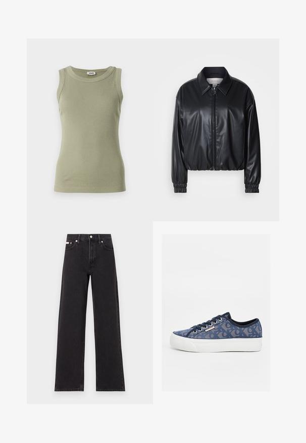 Chaqueta negra corta de piel sintética con cremallera frontal, cuello puntiagudo y puños elásticos. Presenta un branding mínimo en el pecho.; Top sin mangas de canalé en verde oliva con escote redondo. Fabricado en tela suave, presenta una silueta ajustada y detalles de costura visibles.; Jeans anchos de mezclilla negros, con cintura alta, cinco bolsillos y cierre de botón metálico con costuras contrastantes.; Zapatillas de lona azul marino con diseño estampado, suela de goma blanca y cordones negros. Presentan un pequeño logo en el lateral.