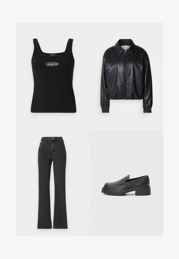 Black cropped jacket in faux leather with a zip front, pointed collar, and elastic cuffs. Features minimal branding on the chest.; Black ribbed tank top with a square neckline and embroidered "guess jeans" logo in white. Slim fit and smooth texture.; Black high-waisted flared jeans made of denim, featuring a button closure, belt loops, and side pockets. Smooth texture with minimal fading.; Black leather loafers with a rounded toe, thick textured sole, and minimal stitching details. Sleek design with no visible laces or hardware.